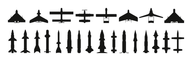 Missiles silhouette Military guided aircraft weapon with warheads black army munition flying explosive missilery flat style Vector isolated collection