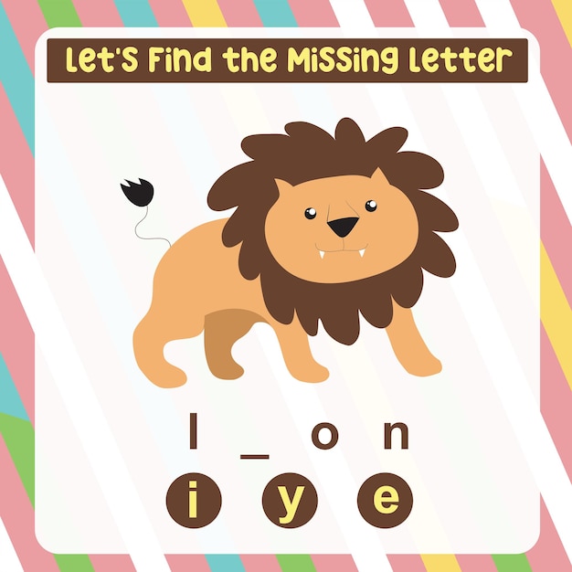 Missing letter worksheet. Complete the letters for animal names in English. Kids educational game.