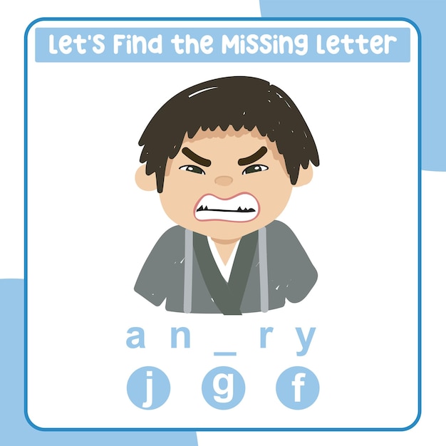 Missing letter worksheet. Learning feeling vocabulary in English. Writing practice. Vector file.