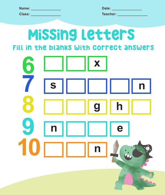 Missing letters worksheet Complete the letters for number in English Kids educational game