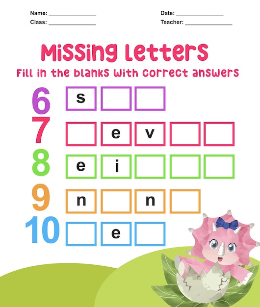 Missing letters worksheet Complete the letters for number in English Kids educational game