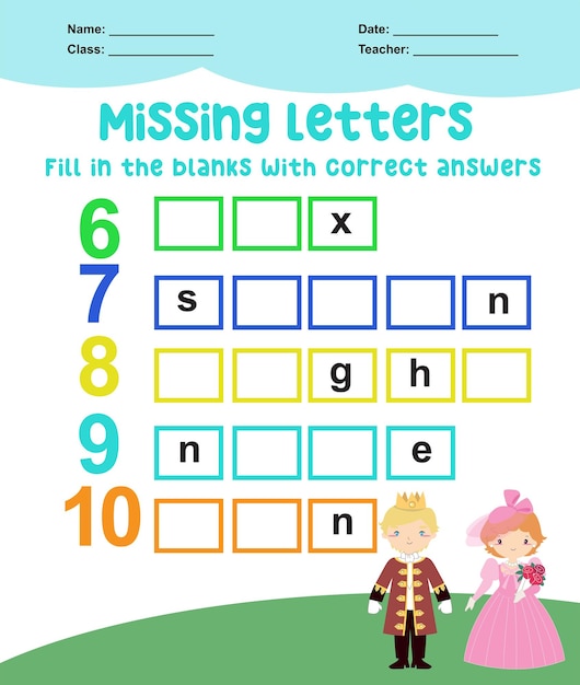 Missing letters worksheet Complete the letters for number in English Kids educational game