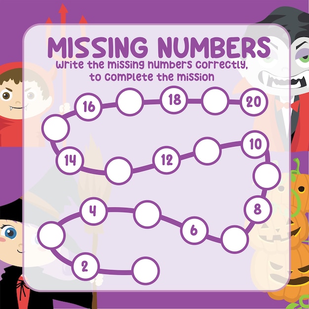 Missing numbers. Write the answer correctly. Educational printable math worksheet. Vector file.