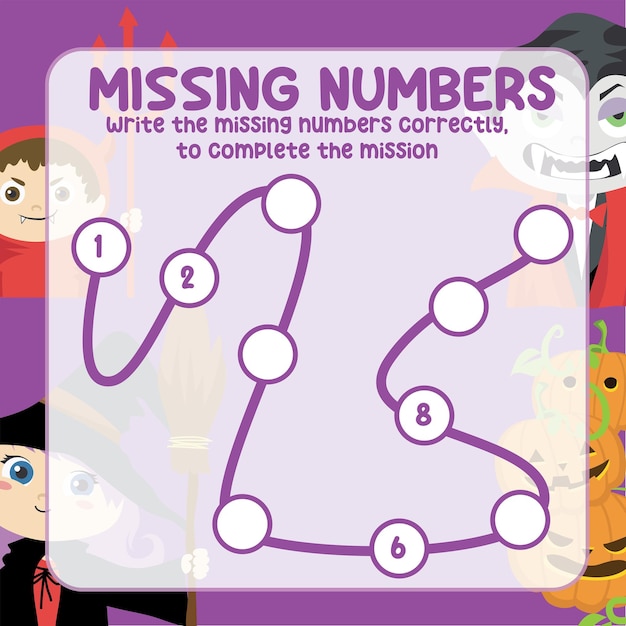 Missing numbers. Write the answer correctly. Educational printable math worksheet. Vector file.