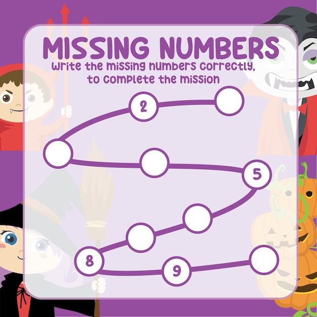 Missing numbers. Write the answer correctly. Educational printable math worksheet. Vector file.