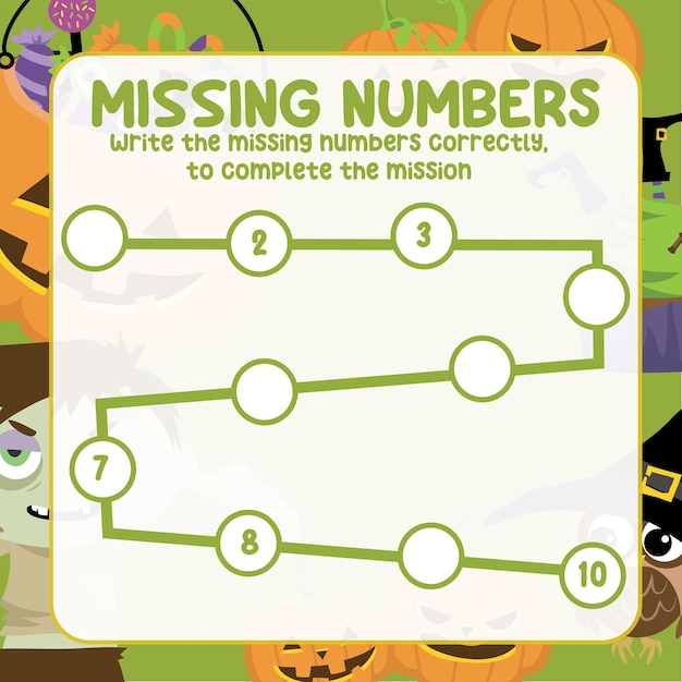 Missing numbers. Write the answer correctly. Educational printable math worksheet. Vector file.