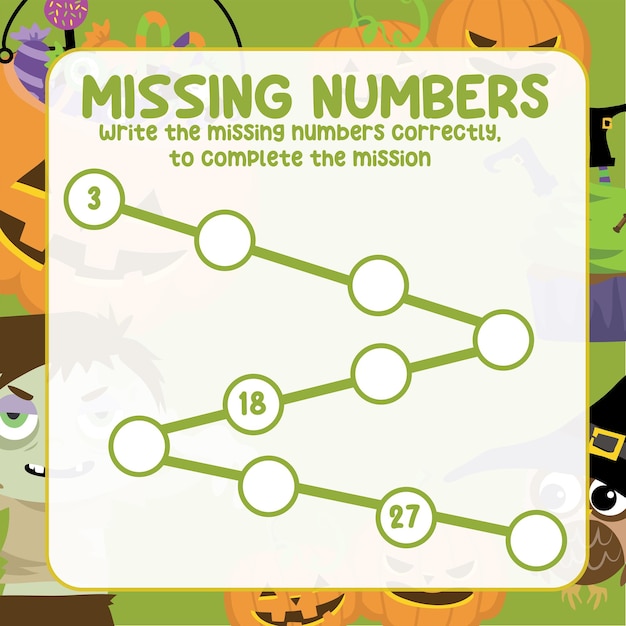 Missing numbers. Write the answer correctly. Educational printable math worksheet. Vector file.