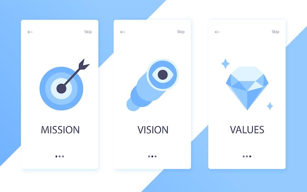 Mission vision and values flat style design icons signs web concepts vector illustration set