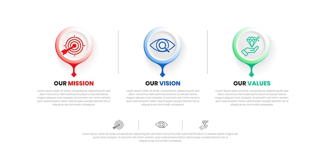 Vector mission vision values infographic banner template company goal infographic design with flat icon