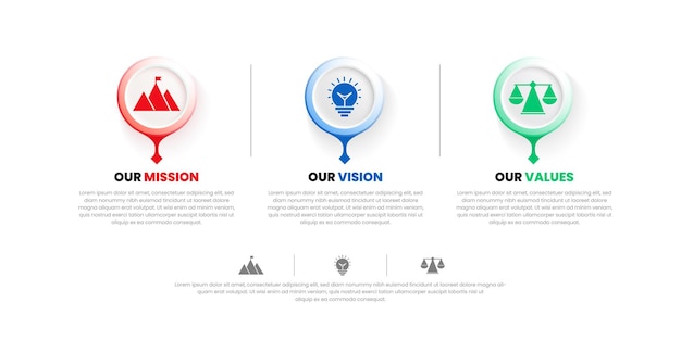 Vector mission vision values infographic banner template company goal infographic design with flat icon