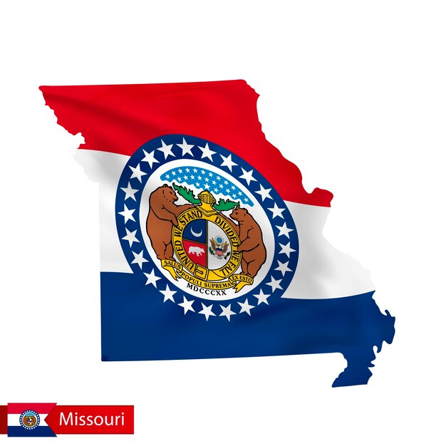 Missouri state map with waving flag of US State