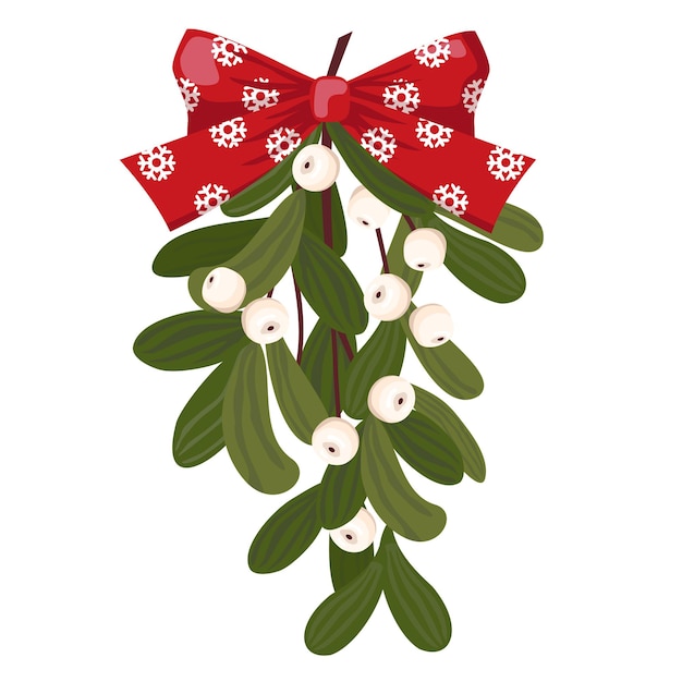 Vector mistletoe branches with a red bow traditional christmas decoration made of mistletoe illustrated vector clipart