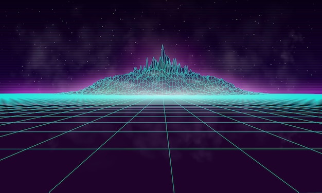 Misty cyber landscape with mountain, drawn in 80s style. Retro vector illustration background.