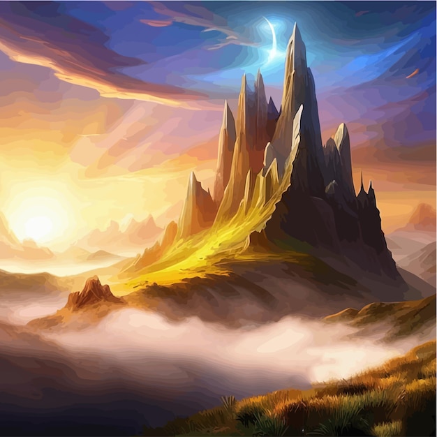 Vector misty mountains with gentle slopes sunset clouds on sky beautiful mountain landscape vector