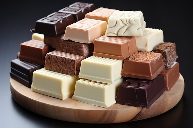 mix fine dark and milk chocolate in different shapes on presentation cardboard top view in white