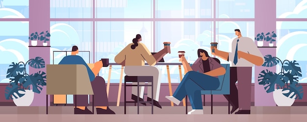 mix race businesspeople sitting at cafe table and drinking coffee during meeting modern cafeteria interior horizontal full length vector illustration