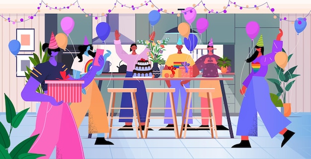 Vector mix race friends celebrating lgbt pride parade together transgender love concept living room interior horizontal full length vector illustration