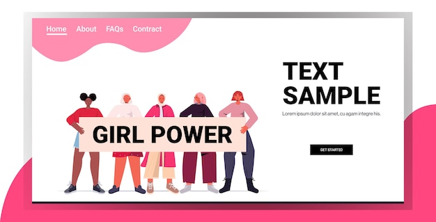 mix race girls activists holding poster female empowerment movement women power concept full length horizontal landing page copy space vector illustration