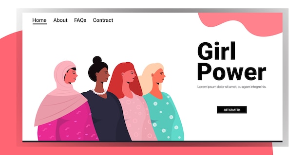 mix race girls standing together female empowerment movement women power concept portrait horizontal landing page copy space vector illustration