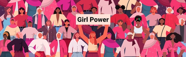 Vector mix race girls standing together female empowerment movement women's power union of feminists concept horizontal portrait vector illustration