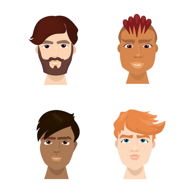 Mix Race Hipster Male Faces Set With Trendy Beards And Haircuts Isolated Collection