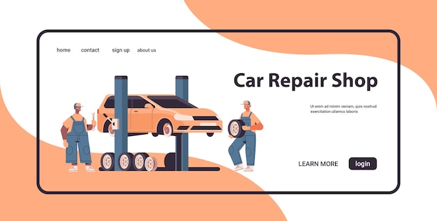 Vector mix race mechanics working and fixing vehicle car service automobile repair and check up concept maintenance station horizontal landing page copy space vector illustration