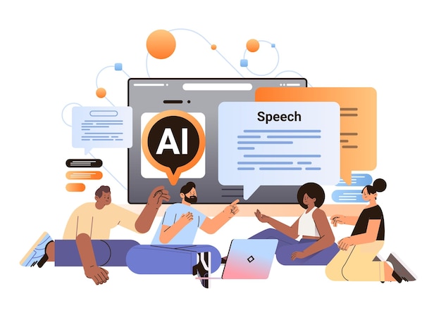 mix race people chatting in computer app with ai helper bot social media network speech generation digital communication concept horizontal vector illustration