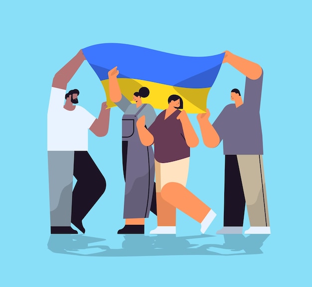 Vector mix race people protesters holding ukrainian flags pray for ukraine peace save ukraine from russia stop war concept