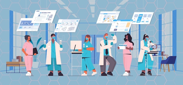 mix race scientists in masks working with DNA in test tubes researchers team making experiments in lab DNA testing genetic engineering diagnosis 