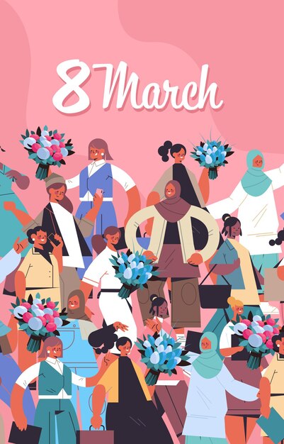 Vector mix race women with flowers celebrating womens day 8 march holiday celebration concept vertical illustration