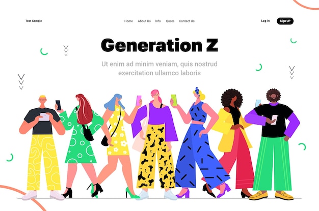 mix race young people standing together generation Z lifestyle concept new modern demography trend with progressive youth gen horizontal vector illustration