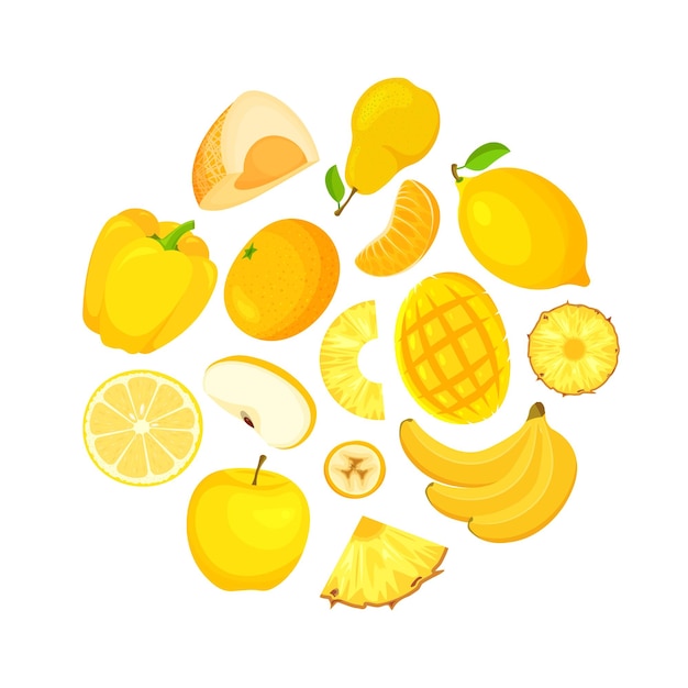 Mixed fruits and vegetables in yellow colors Healthy lifestyle food concept Circle composition