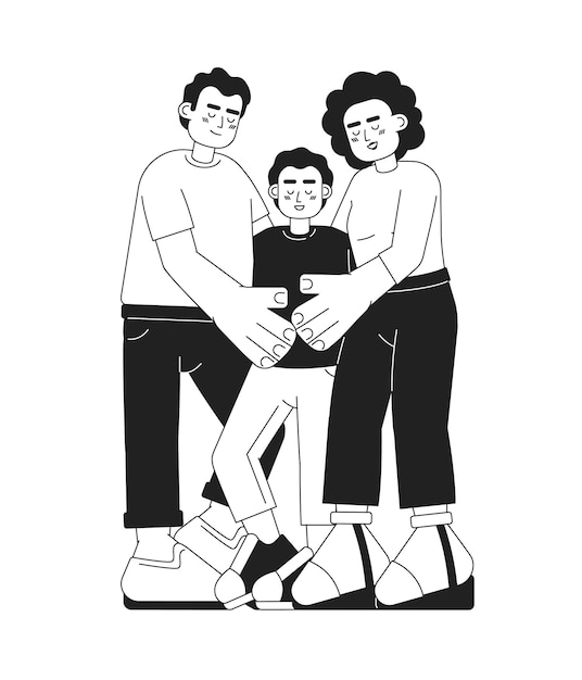 Mixed race family hug candid monochrome vector spot illustration Latino father and american mom embracing son 2D flat bw cartoon characters for web UI design Isolated editable hand drawn hero image