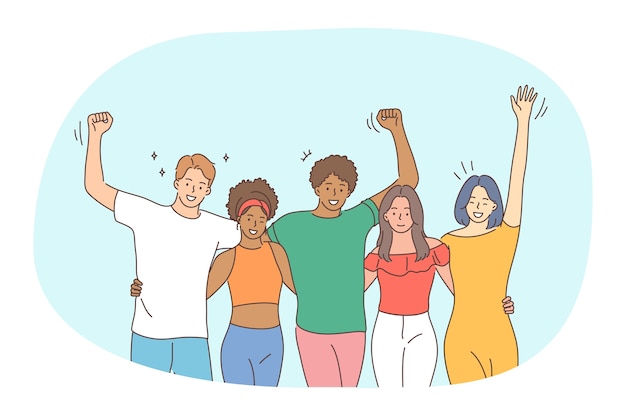 Mixed race friendship, friends meeting concept. Group of happy smiling young people friends teens of various races standing having fun with hands raised outdoors together