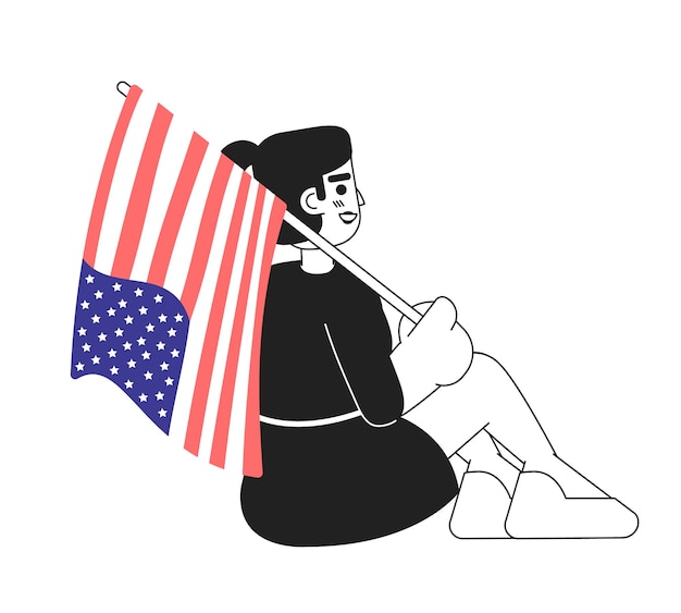 Mixed race girl with american flag sitting monochromatic flat vector character Patriotism national flag Editable line full body person on white Simple bw cartoon spot image for web graphic design