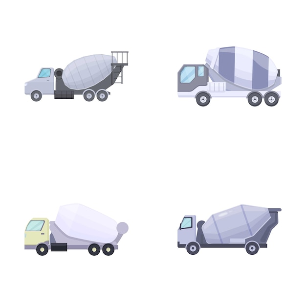 Mixer truck icons set cartoon vector Concrete mixer truck