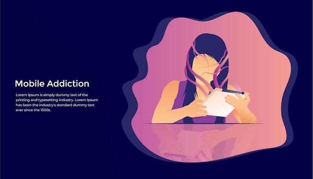 Mobile Addiction People Illustration, landing Page design Vector template