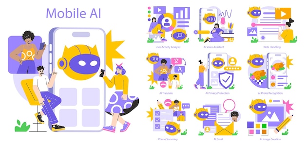 Vector mobile ai concept illustration capturing various artificial intelligence applications on mobile