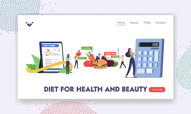 Mobile App Calculator for Nutrition and Dieting Landing Page Template. Characters Counting Calories Using Smartphone Application, Healthy Eating and Weight Loss. Cartoon People Vector Illustration