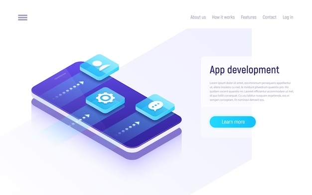 Mobile app development isometric concept.