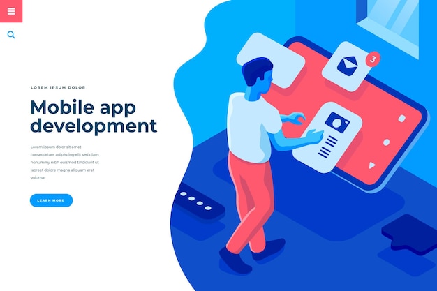 Mobile app development isometric vector illustration for landing page header template or web banner with copy space for text Male character engineer interact with smartphone