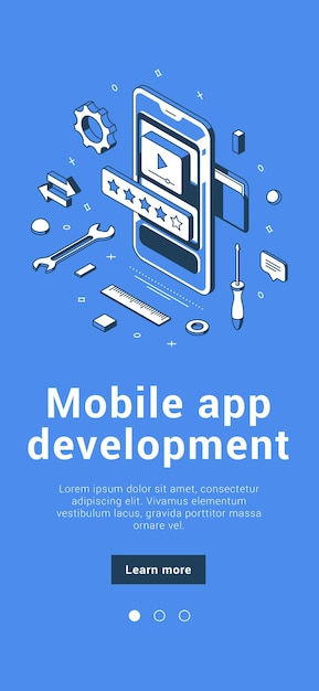 Vector mobile app development software user interface innovation programming design banner isometric vector illustration. smartphone application information coding digital technology automation service