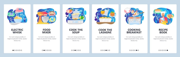 Vector mobile app onboarding screens cooking breakfast meal food mixer stove recipe book cook soup menu vector banner template for website and mobile development web site design flat illustration