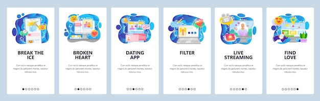 Mobile app onboarding screens dating service love messages filter profile search live streaming vide...