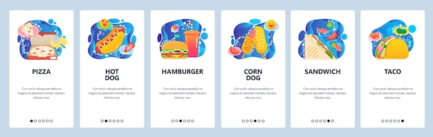 Vector mobile app onboarding screens fast food restaurant menu pizza box hot dog sandwich taco burger menu vector banner template for website and mobile development web site design flat illustration