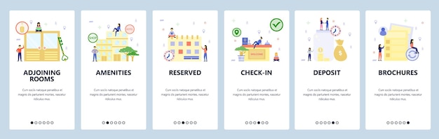 Vector mobile app onboarding screens. hotel building, booking room, check-in counter. menu vector banner template for website and mobile development. web site design flat illustration.