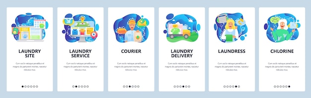 Mobile app onboarding screens online laundry service delivery ccleaning washing clothes menu vector ...