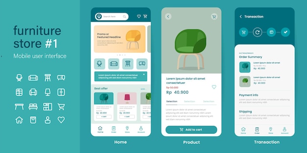 Mobile app user interface UI kit UX of furniture shop online store ecommerce website layout smartphone mockup in vector