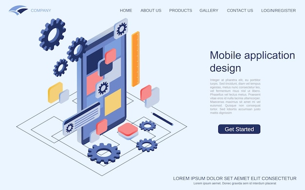 Mobile application design GUI construction UI design flat 3d isometric vector concept