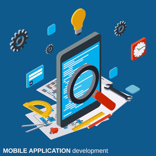 Vector mobile application development flat isometric vector concept illustration